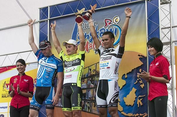 The stage four podium (l-r): Jacobe Keough (2nd,United Healthcare), Andrea Guardini (1st,Farnese Vini) and Harrif Saleh (3rd,Terengganu Cycling Team)
