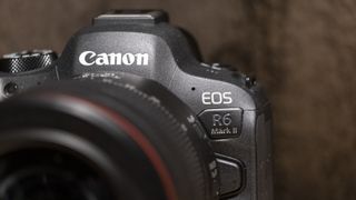 The Canon EOS R6 Mark II camera on a wooden shelf