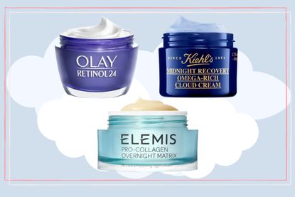 a collage showing the best night creams from Kiehl's, Elemis and Olay