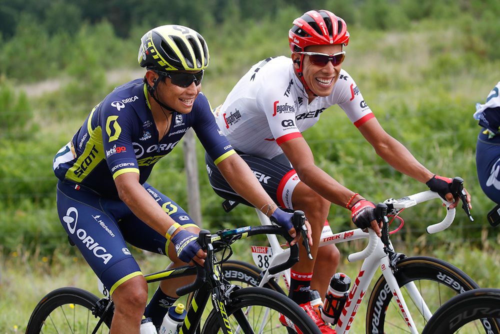 Esteban Chaves and Jarlinson Pantano share a laugh during stage 11 at the Tour de France