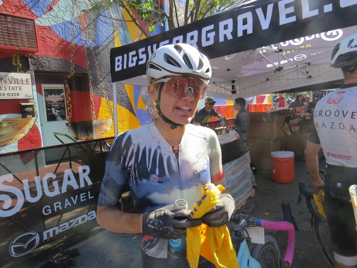 Alexis Skarda takes a breather after third place finish at Big Sugar Gravel