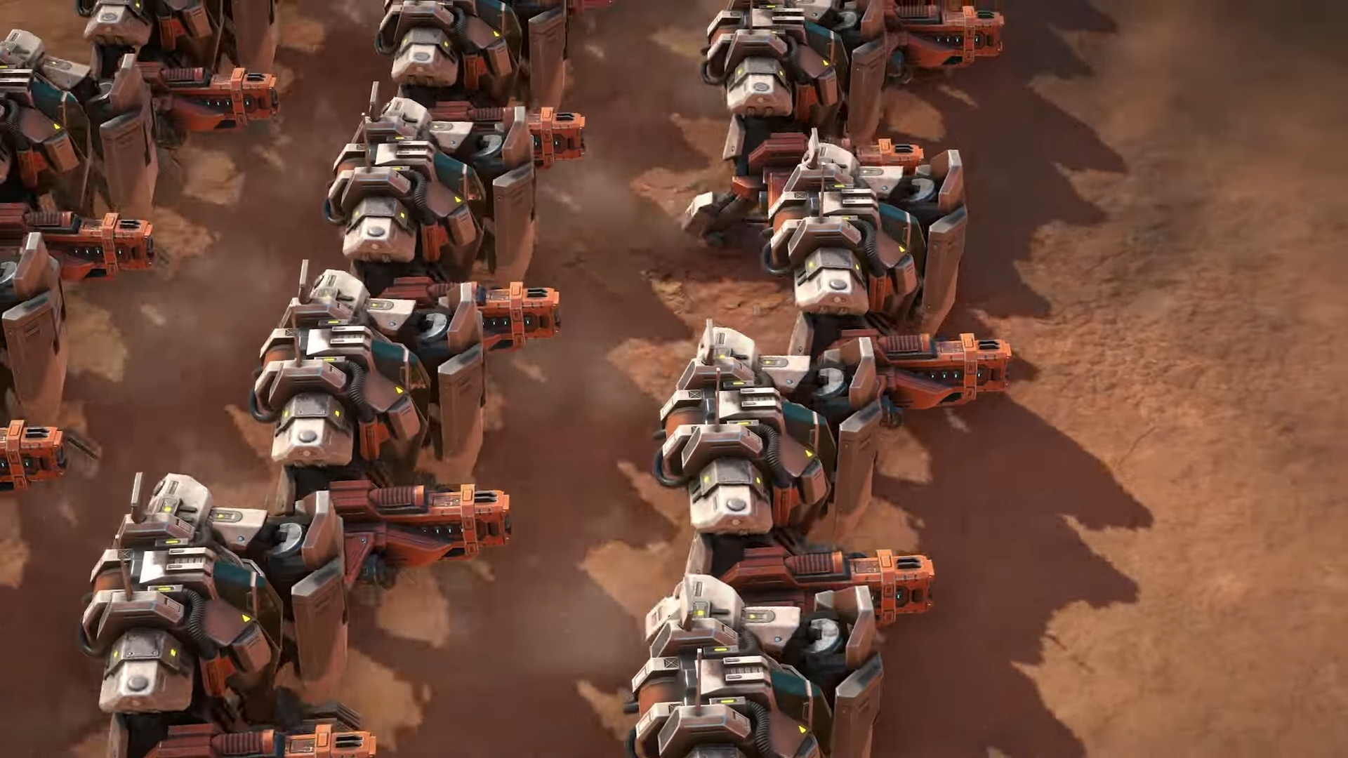 Smaller mech soldiers form up in ranks