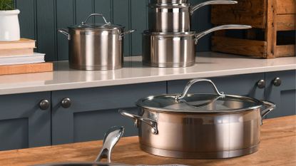 ProCook Professional Stainless Steel Uncoated Cookware Set on the counter in the kitchen