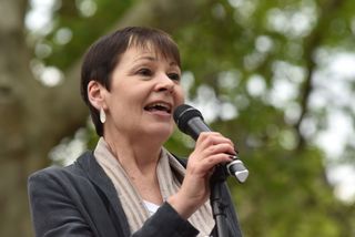 LONDON, ENGLAND - MAY 01: MP Caroline Lucas of the Green Party speaks at a Climate emergency protest in Parliament Square outside the Houses of Parliament on May 01, 2019 in London, England. The protest was organized by the Trade Union Group, Extinction Rebellion, School Strikes Against Climate Change and Momentum to campaign against climate change. The protest came on the night that MPs passed a motion to make the UK parliament the first in the world to declare an “environment and climate emergency”. (Photo by John Keeble/Getty Images)