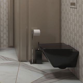 bathroom with black toilet and paper