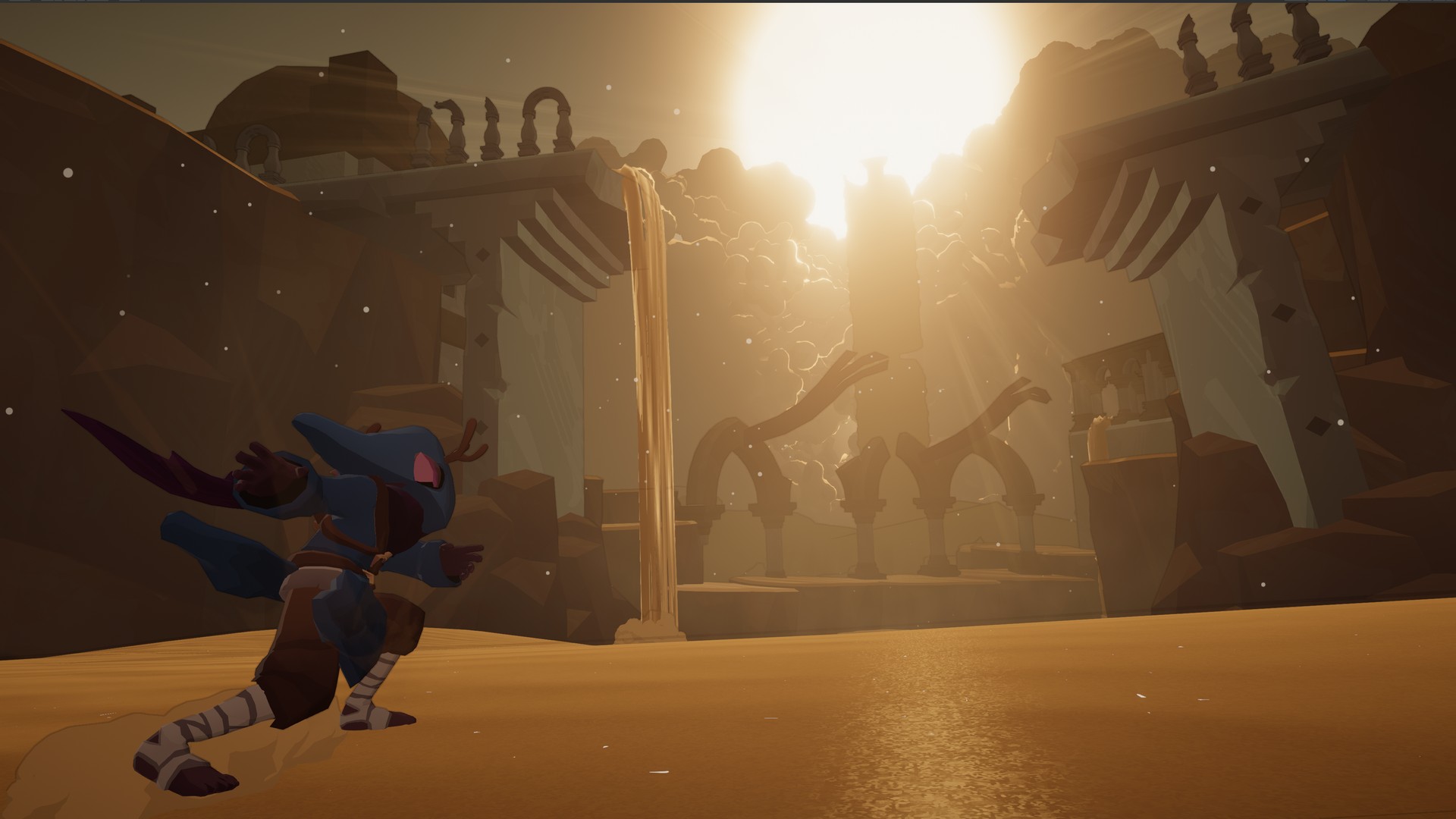 Demi moves through shifting sands among ruins in Demi and the Fractured Dream