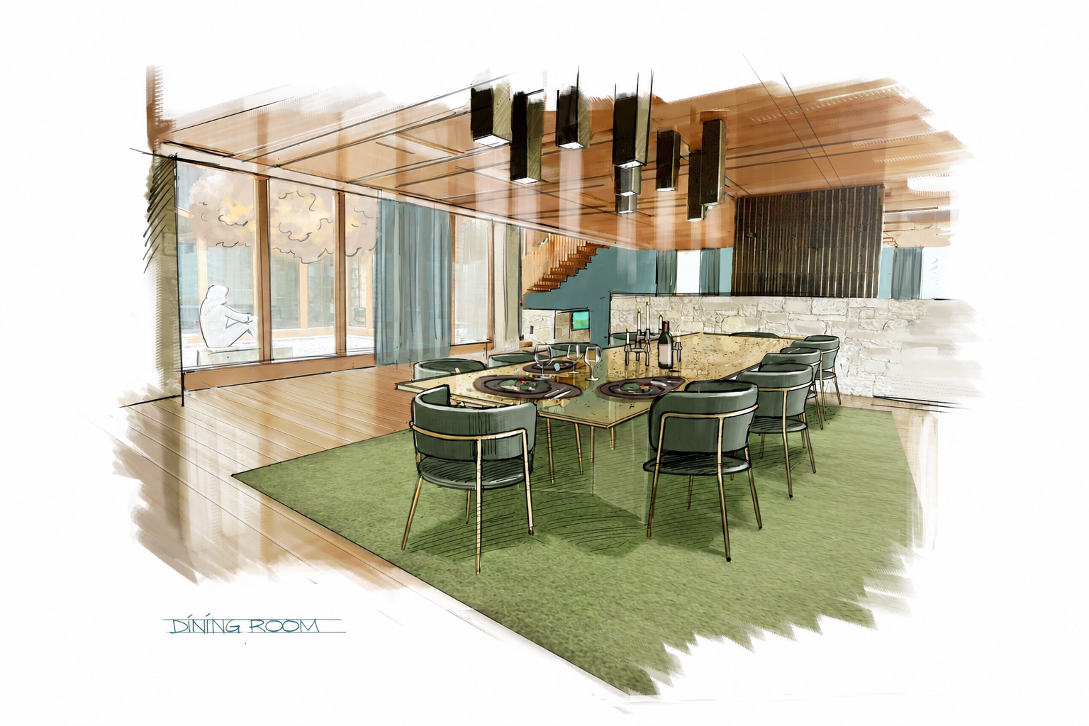 Sketch of a dining room with a red carpet, wooden walls, a mirrored ceiling, pendant black lights, and teal details.