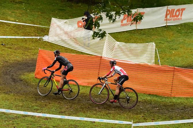 Mo Bruno-Roy following another rider on the backside of the course. She won the singlespeed race on Friday night