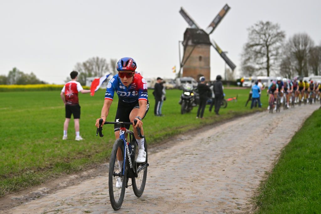 ROUBAIX FRANCE APRIL 06 Jade Wiel of France and Team FDJSuez competes in the breakaway passing through the Templeuve Lpinette cobblestones sector during the 4th ParisRoubaix Femmes 2024 a 1485km one day race from Denain to Roubaix on UCIWWT April 06 2024 in Roubaix France Photo by Luc ClaessenGetty Images