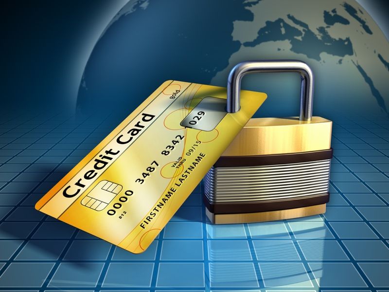 Credit card secured by a metal lock. Digital illustration. 