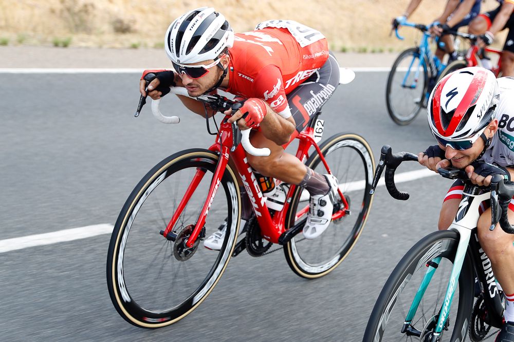 Trek-Segafredo's Gianluca Brambilla tucks for a descent during stage 10 at the Vuelta