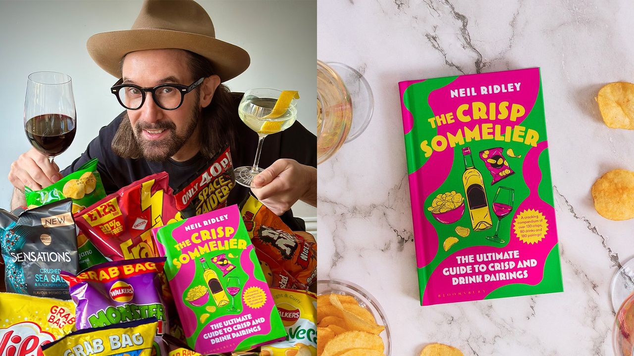 Neil Ridley holding drinks, with bags of different crisps and his book, The Crisp Sommelier