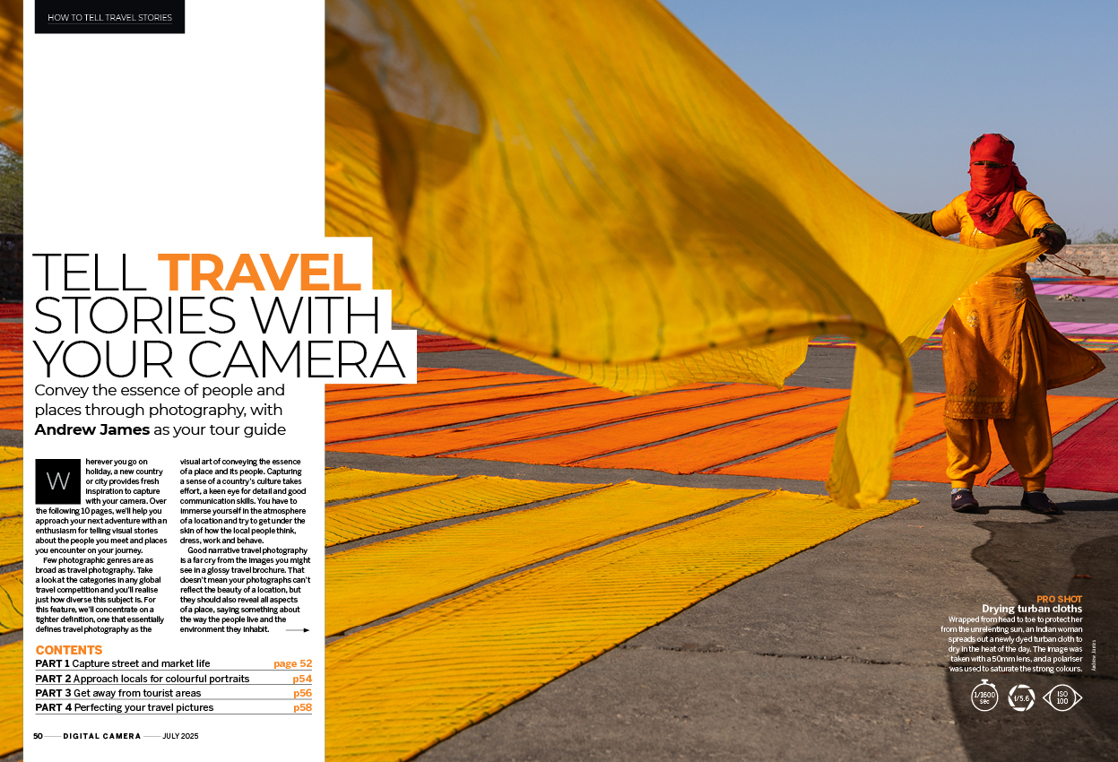 Image showing the first two pages of the cover feature of issue 296 (July 2025) of Digital Camera magazine, How to tell travel stories with your camera