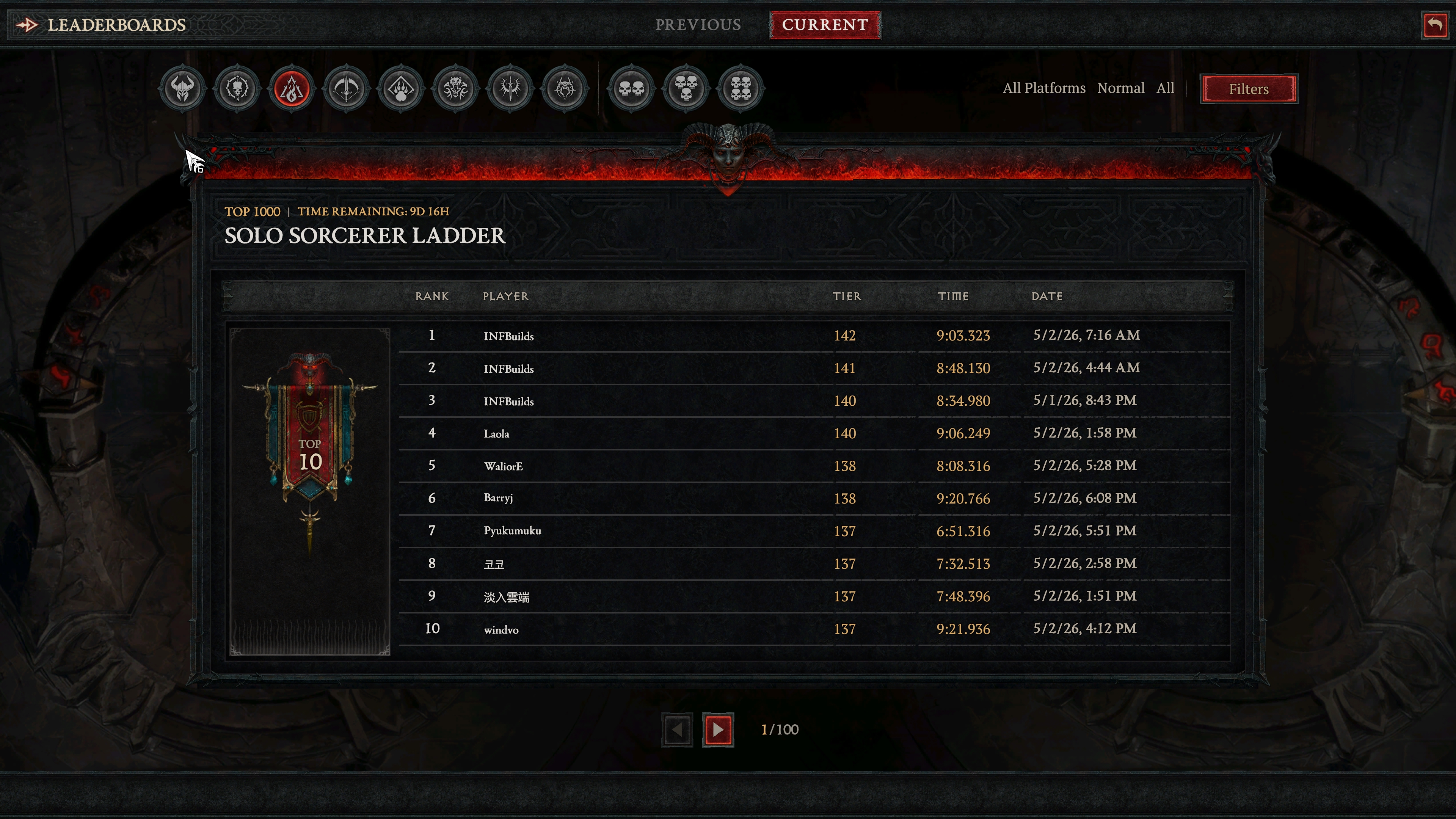 A screenshot of the Diablo 4 class leaderboards for The Tower.