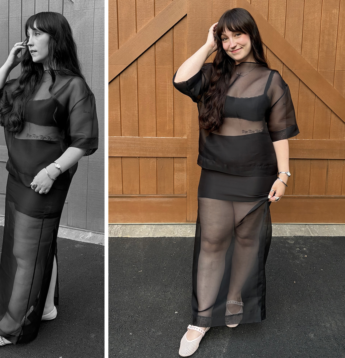 Meguire Hennes wearing the sheer shirt trend for The A-list Edit