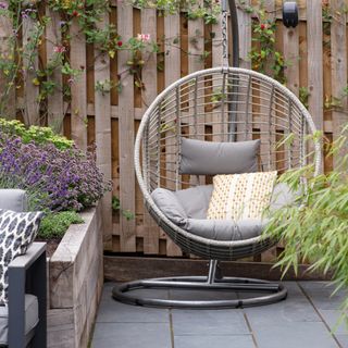 hanging egg chair beside a fence with climbers