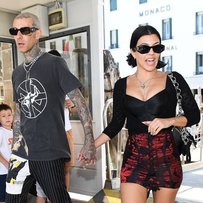 Kourtney Kardashian and Travis Barker are seen on August 29, 2021 in Venice, Italy