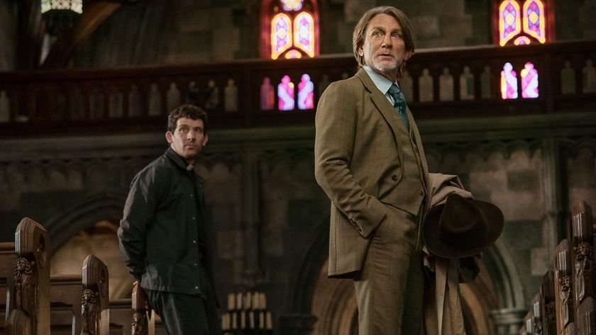 From left to right: Josh O&#039;Connor leaning against a church bench and Daniel Craig holding a coat and hat as Benoit Blanc in Wake Up Dead Man.