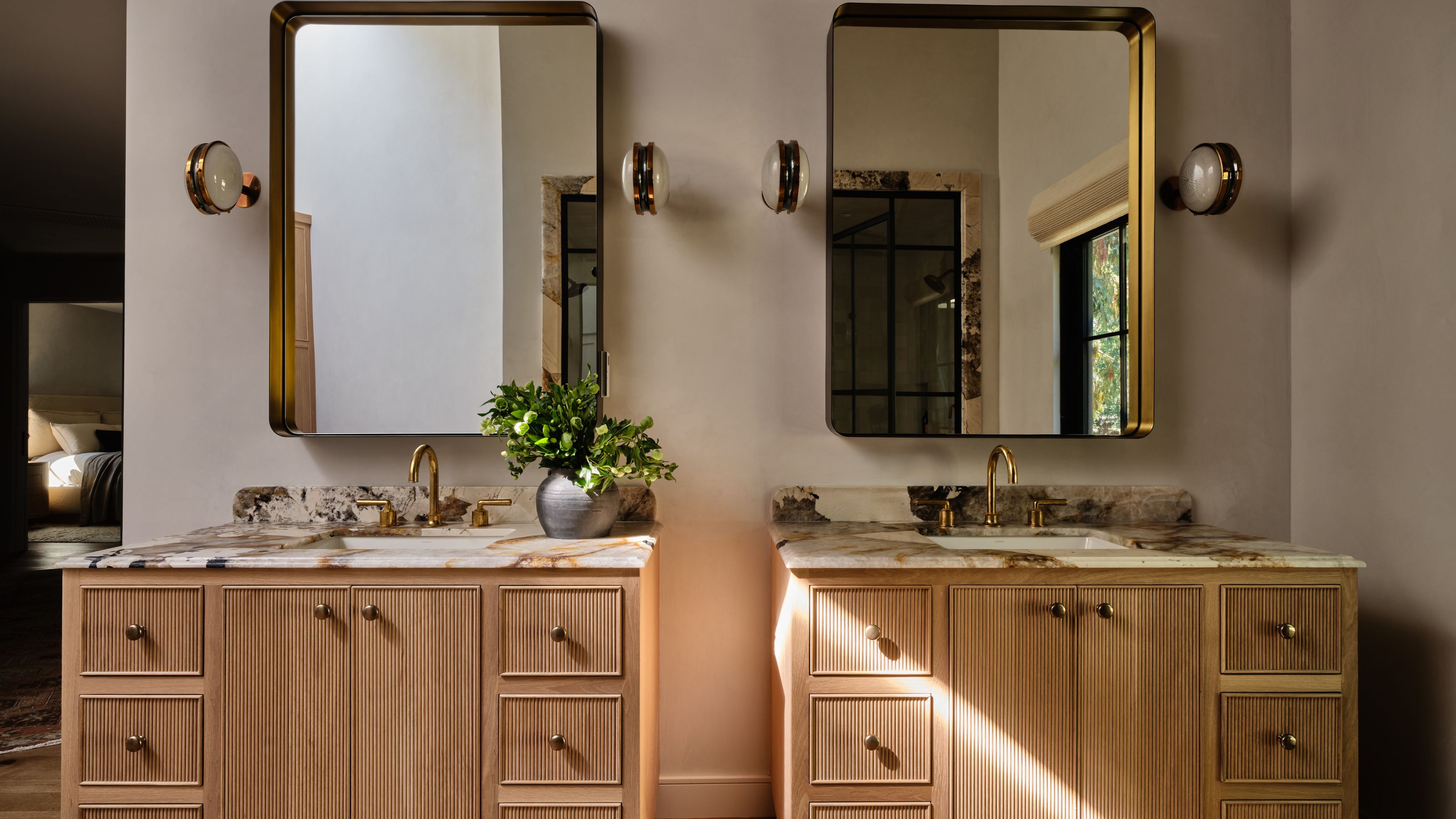 beautiful, bright bathroom, with marble bath and zellige tiles