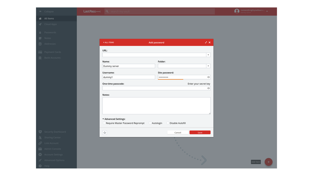 Screenshot of LastPass password vault