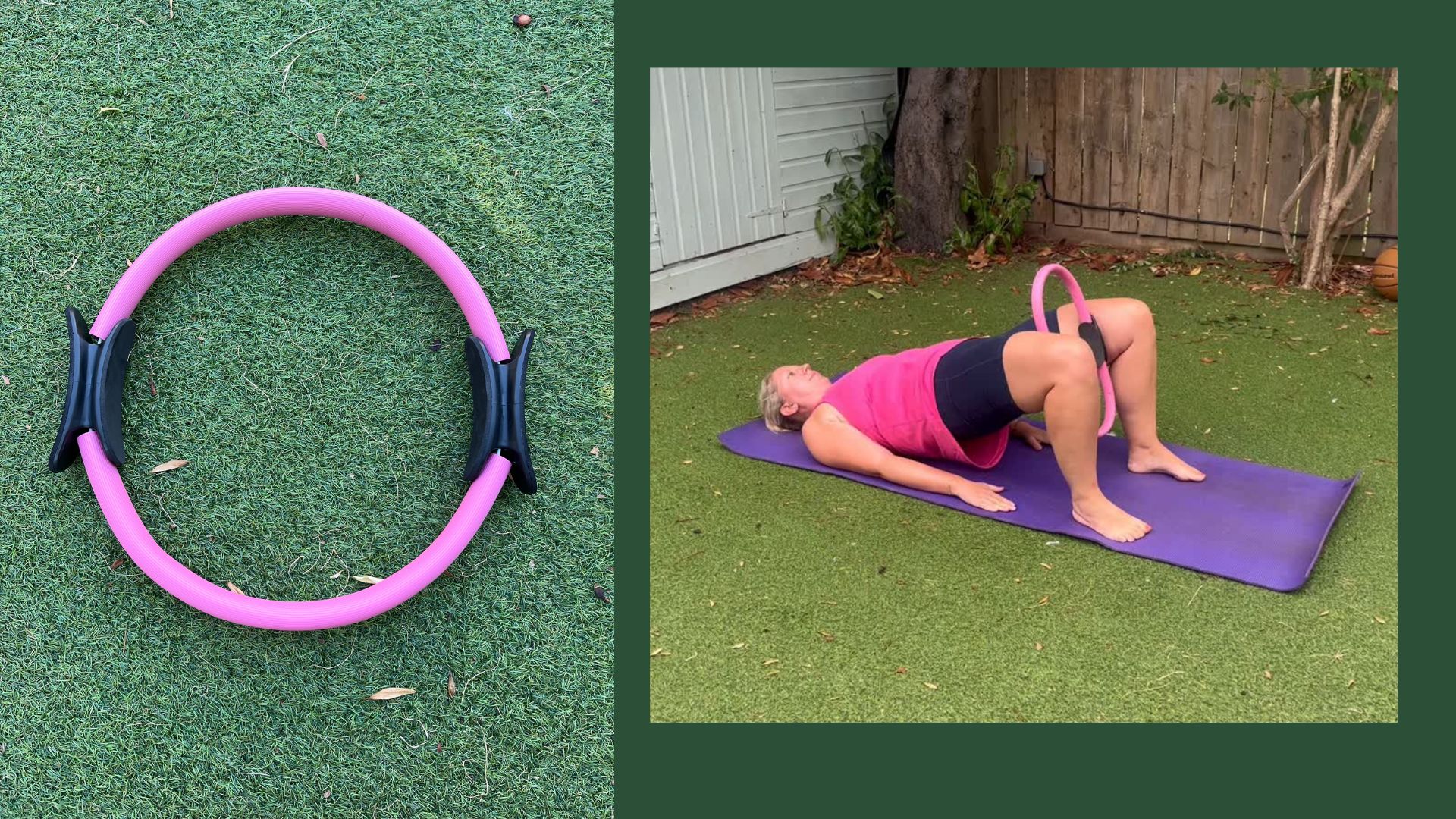 Kat Storr doing Pilates ring exercises at home in back garden wearing activewear on yoga mat next to Pilates ring on grass