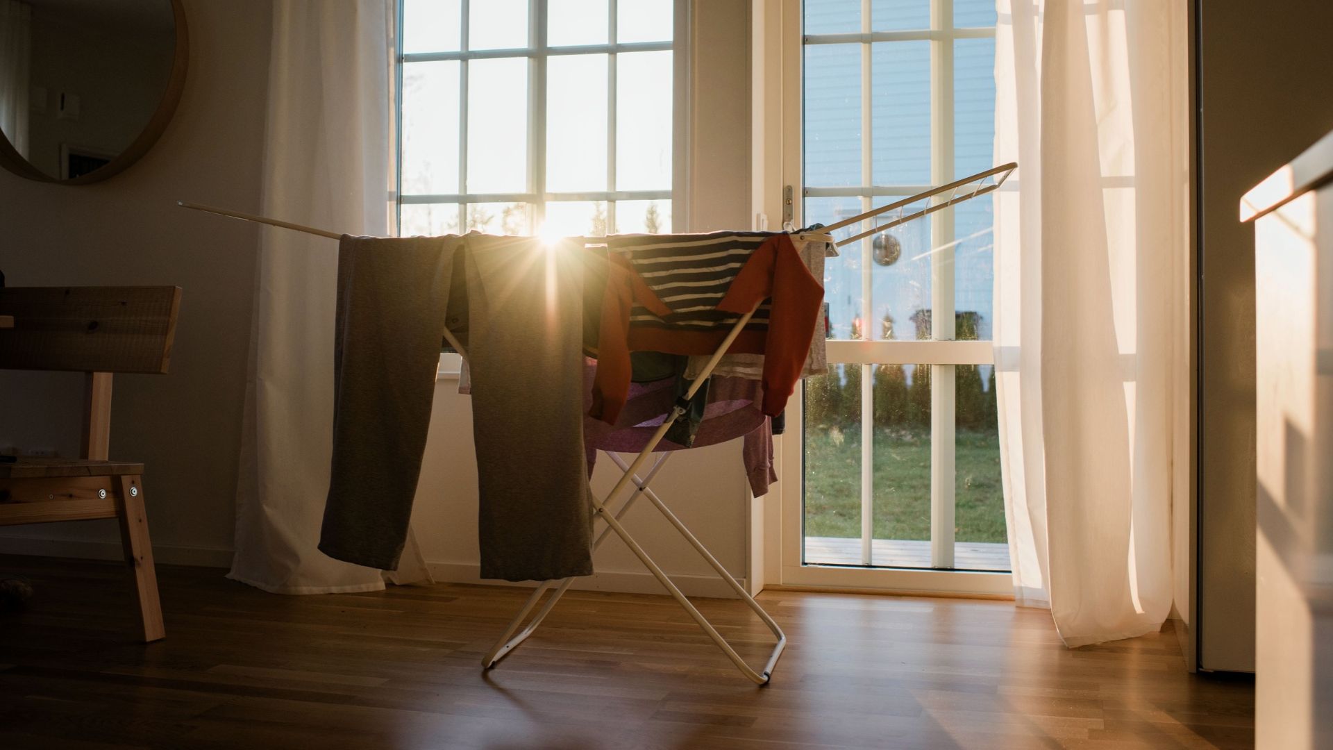 picture of clothes airer in living room in sun