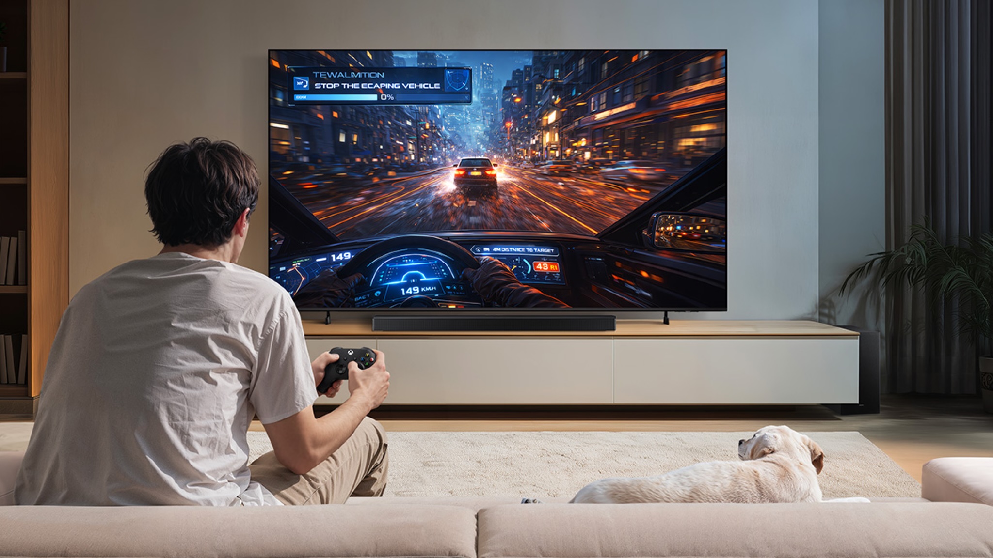 Lifestyle photo showing a man playing a rendered video game on the Samsung M80H TV in a neutrally decorated room