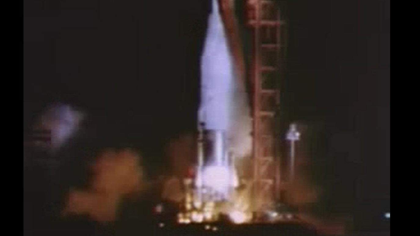 Mariner 2 venus flyby launch in grainy NASA archive video still