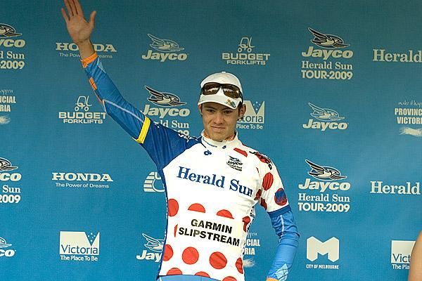 Alex Howes (Garmin/Slipstream) dons the Herald Sun polka dot jersey as King of the Mountains Championship leader after stage one.
