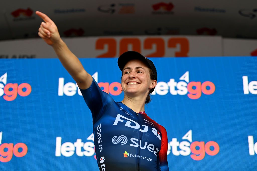 CAMPBELLTOWN AUSTRALIA JANUARY 17 Grace Brown of Australia and Team FDJSuez celebrates at podium as stage winner during the 7th Santos Womens Tour Down Under 2023 Stage 3 a 932km stage from Torrens Foot Bridge Adelaide to Montacute Road Campbelltown TourDownUnder UCIWWT on January 17 2023 in Campbelltown Australia Photo by Tim de WaeleGetty Images