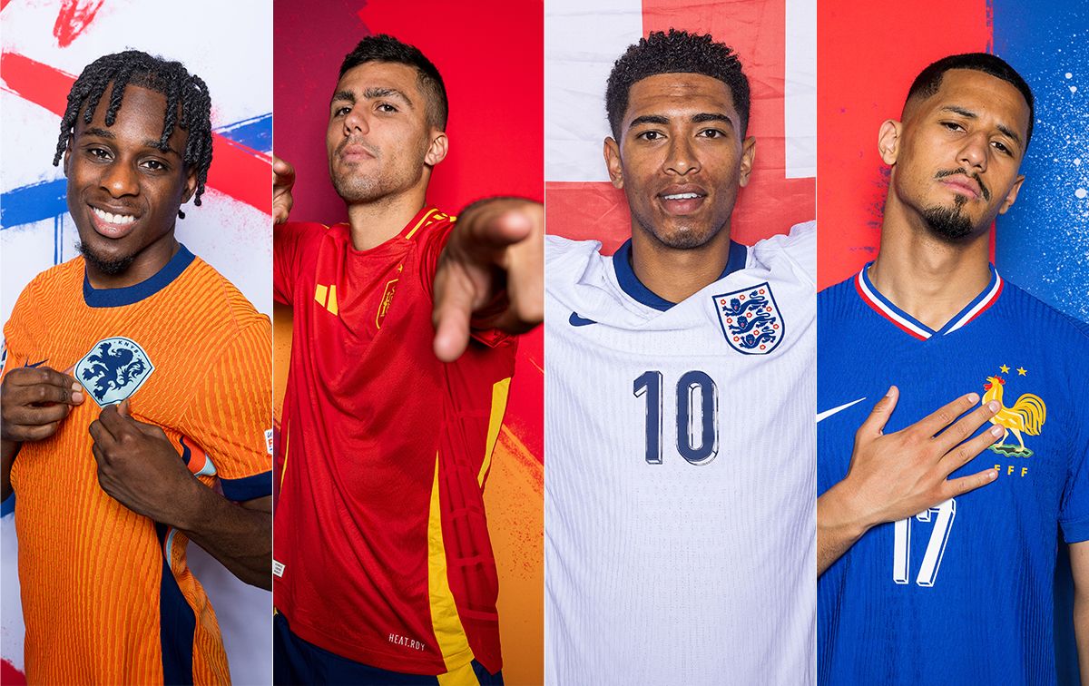 Jeremie Frimpong of Netherlands, Rodri of Spain, Jude Bellingham of England and William Saliba of France