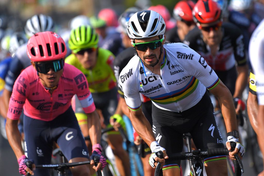 BOORTMEERBEEK BELGIUM SEPTEMBER 18 LR Hideto Nakane of Japan and Team EF Education Nippo and Julian Alaphilippe of France and Team Deceuninck QuickStep compete during the 11th Primus Classic 2021 a 1977km race from Brakel to Boortmeerbeek Wespelaar Haacht primusclassic PrimusClassic on September 18 2021 in Boortmeerbeek Belgium Photo by Luc ClaessenGetty Images