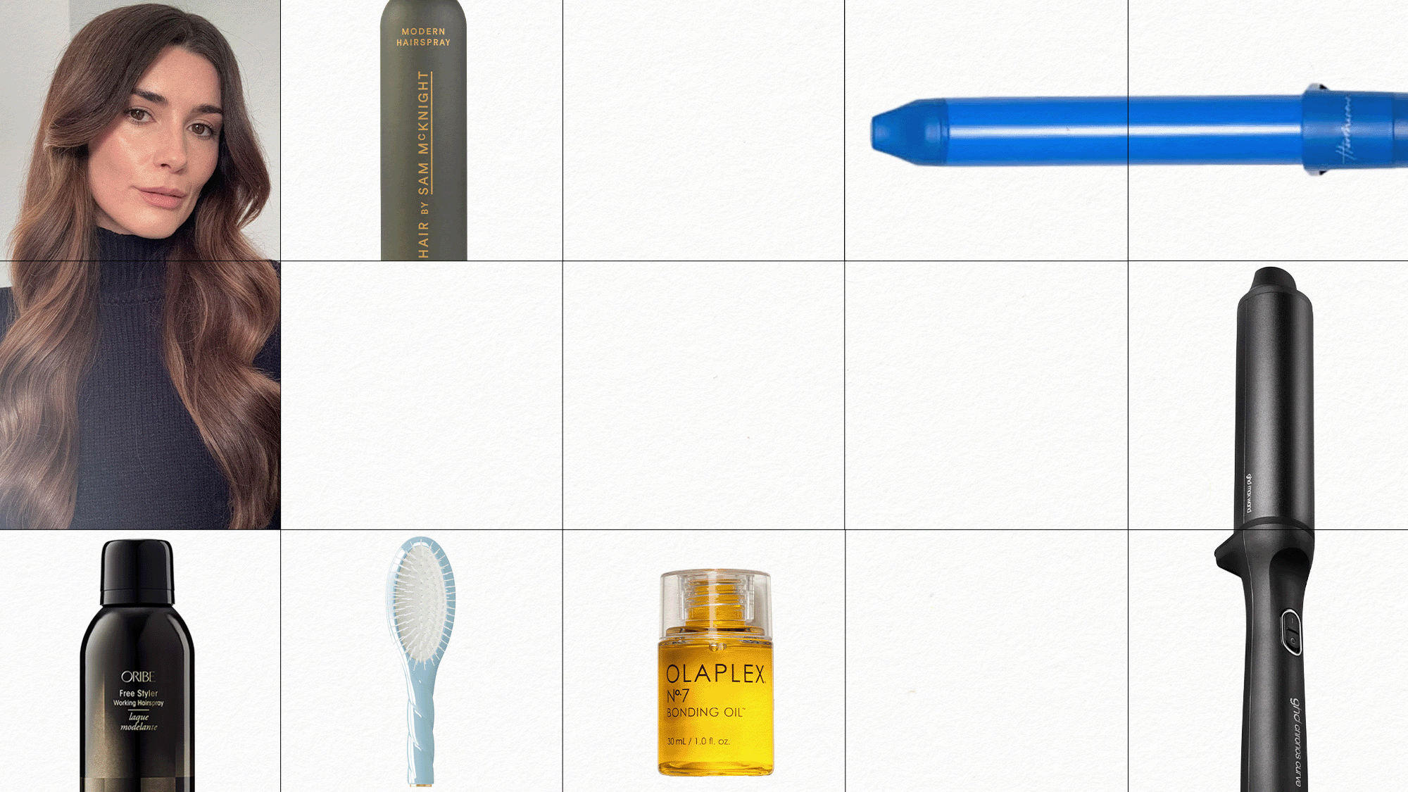 A collage with &#039;how to hair&#039; text and images of hair styling products and photos of beauty editor Eleanor Vousden with loose waves