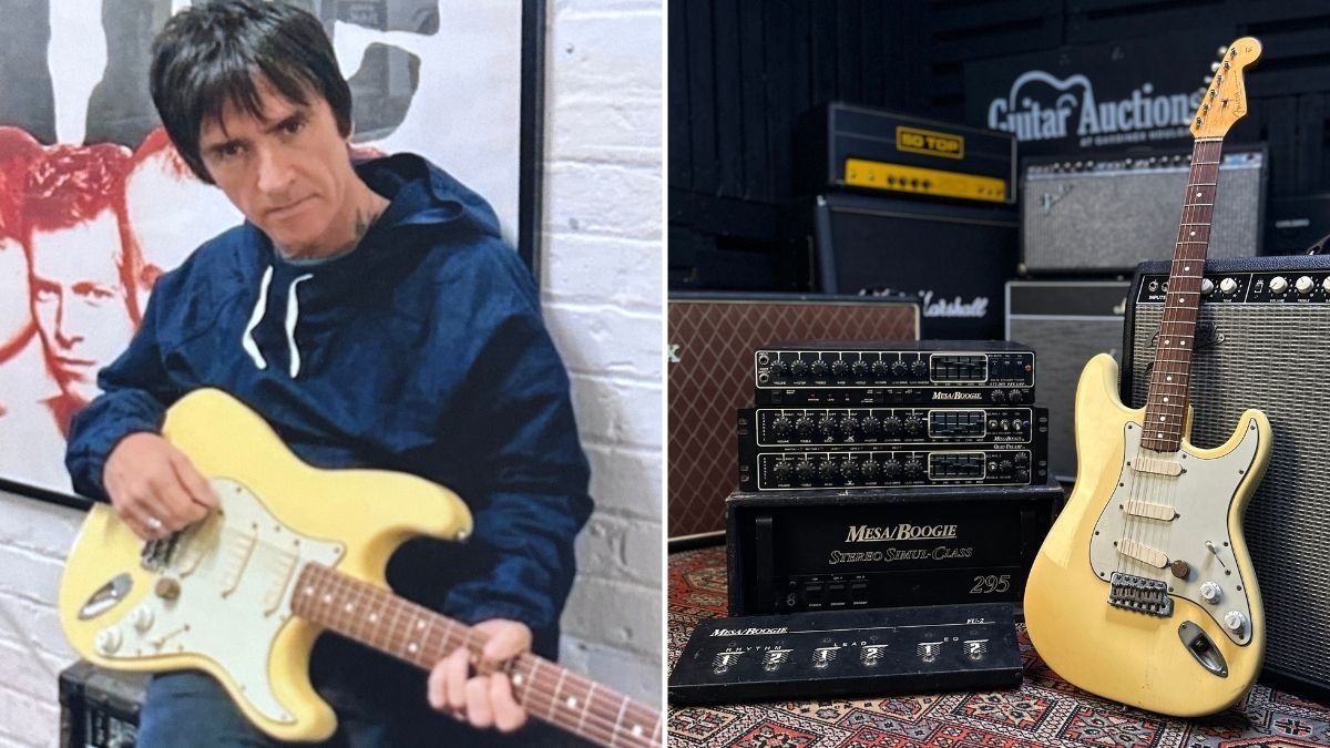 Johnny Marr with his 1962 American Vintage Strat reissue (left), the Strat in question with Marr&#039;s 1989-1990 touring rig