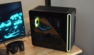 black gaming PC with glass side