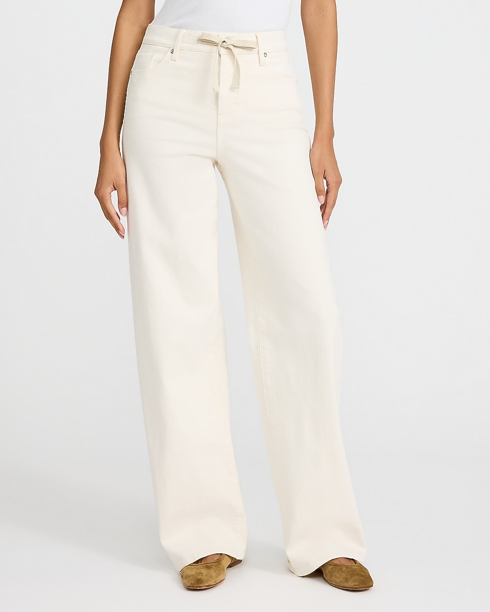 Express, High Waisted Ivory Wash Drawstring Wide Leg Jeans