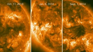 Three powerful solar flares from the far side of the sun launched clouds of charged particles into space. Here, they're imaged in the extreme ultraviolet by NASA's STEREO satellites — the central one by STEREO A, and the other two by STEREO B. NASA's Fermi Gamma-ray Space Telescope observed high-energy gamma-rays associated with the flares on the sun's near side.
