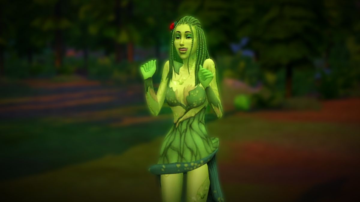 The Sims 4 screenshot showing SpinningPlumbobs&#039; Expanded PlantSims mod and one of its green female PlantSim with lengthy braided hair standing in front of a forest