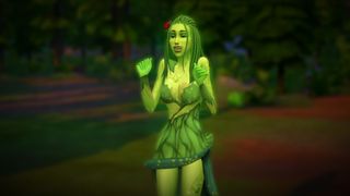 The Sims 4 screenshot showing SpinningPlumbobs' Expanded PlantSims mod and one of its green female PlantSim with lengthy braided hair standing in front of a forest