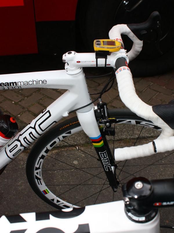 Cadel Evans' (BMC) Team Machine SLR01 is awash in white up front.