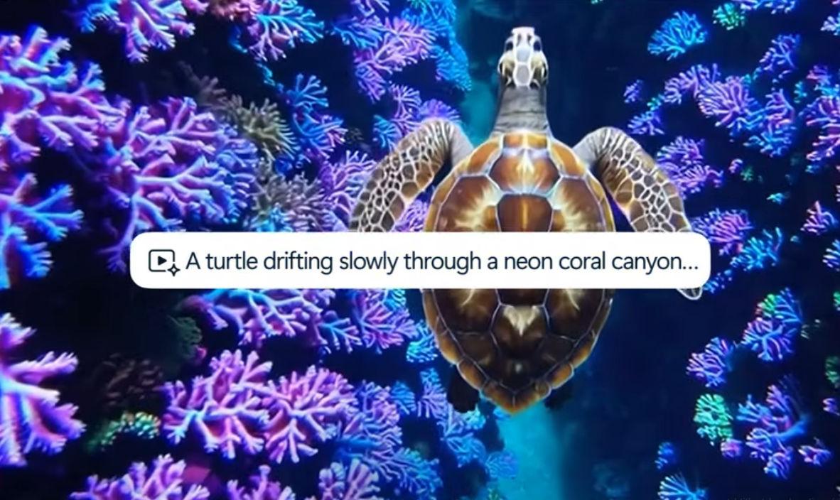 A still from a video of a turtle drifting slowly through a neon coral canyon. 
