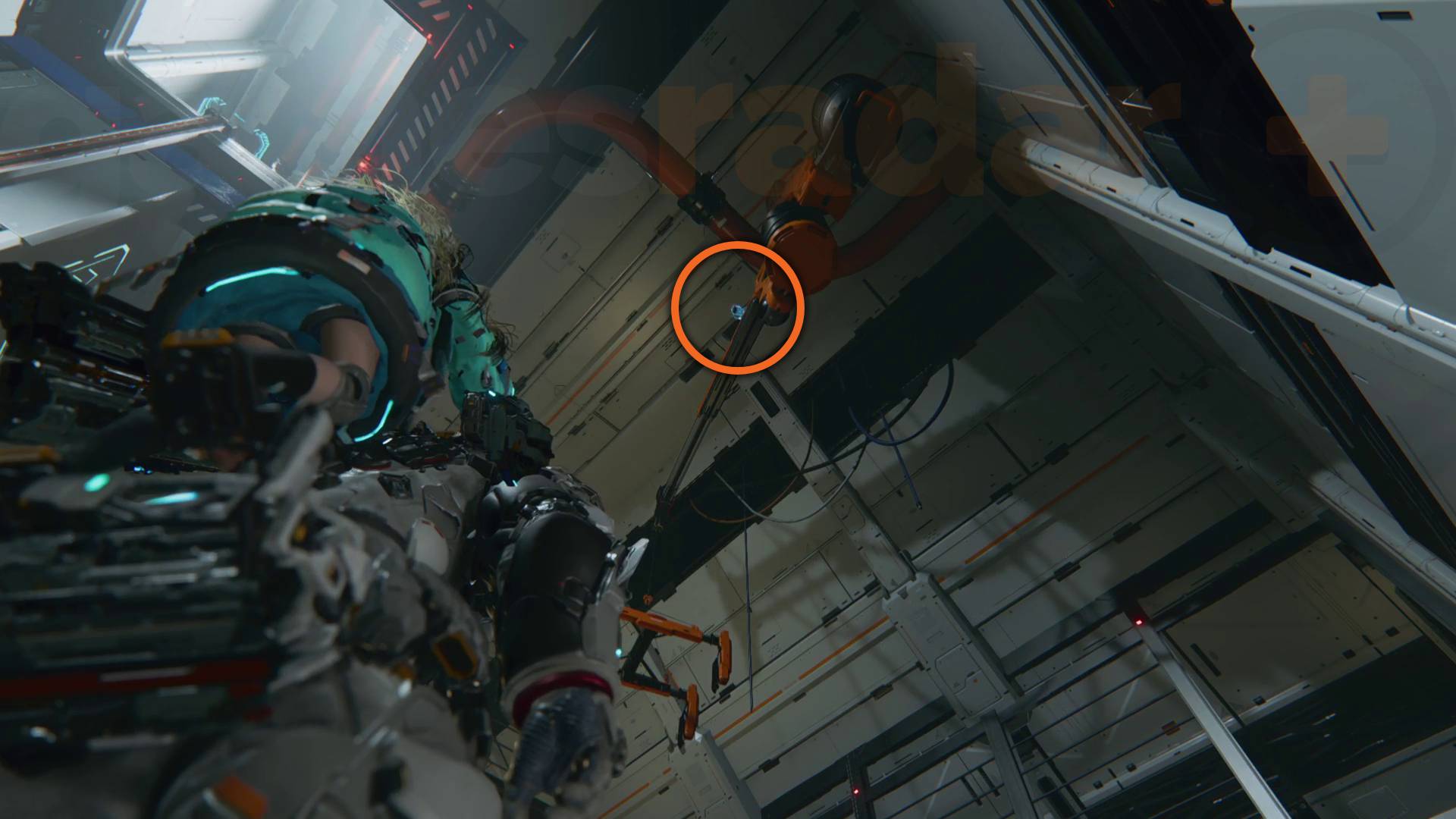 Pragmata Mini Cabin in Lunum Mines Warehouse on top of crane arm