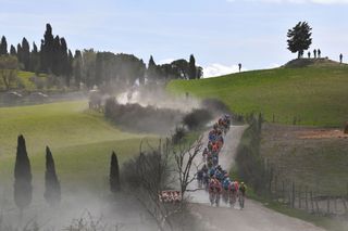 SIENA ITALY MARCH 09 Landscape Peloton Dust during the Eroica 13th Strade Bianche 2019 a 184km race from Siena to SienaPiazza del Campo StradeBianche on March 09 2019 in Siena Italy Photo by Tim de WaeleGetty Images