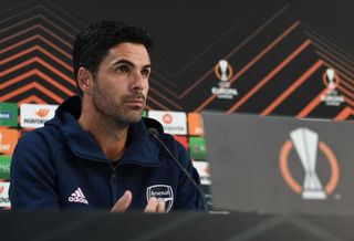 Arsenal manager Mikel Arteta attends a press conference at Kybunpark on September 07, 2022 in St Gallen, Sankt Gallen.