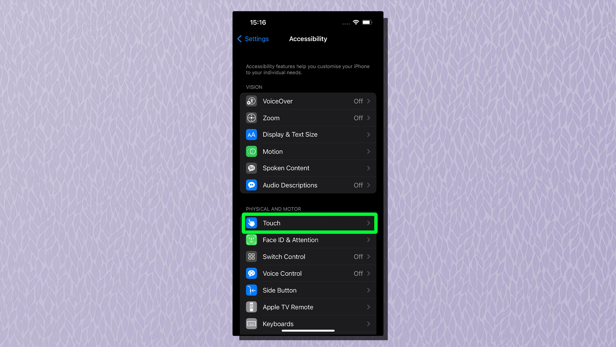 Uma captura de tela mostrando o menu Touch destacado no menu Acessibilidade em um iPhone