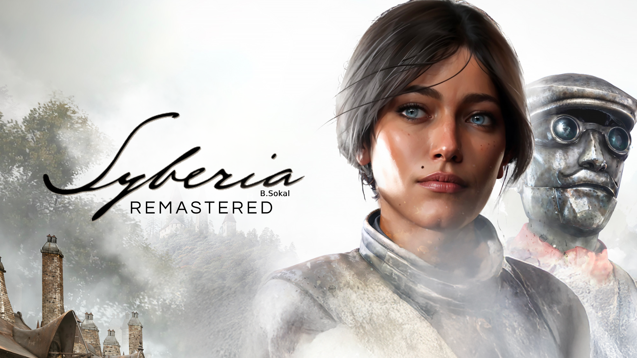Syberia Remastered; a woman and a robot in a cloudy grey scene