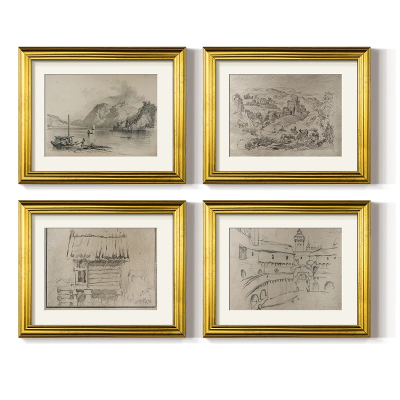 Wayfair, Vintage Sketch VIII 4 Piece Set of Framed Prints