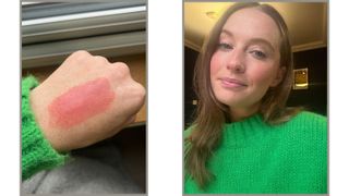 an image of Beauty Writer Annie Milroy before and after using Nudestix cream blush