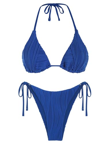 Zaful Women's Swimsuit Bikini Sexy Halter Bathing Suit 2 Piece Ribbed Triangle High Cut Thong Bikini Sets Royal Blue S
