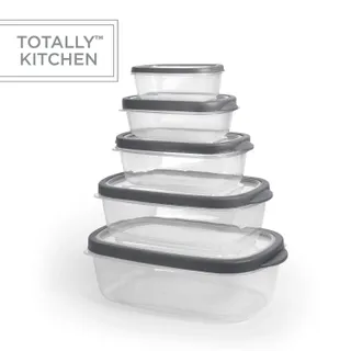 Five different-sized food containers stacked on top of one another, against a white background with Totally Kitchen logo in top left corner